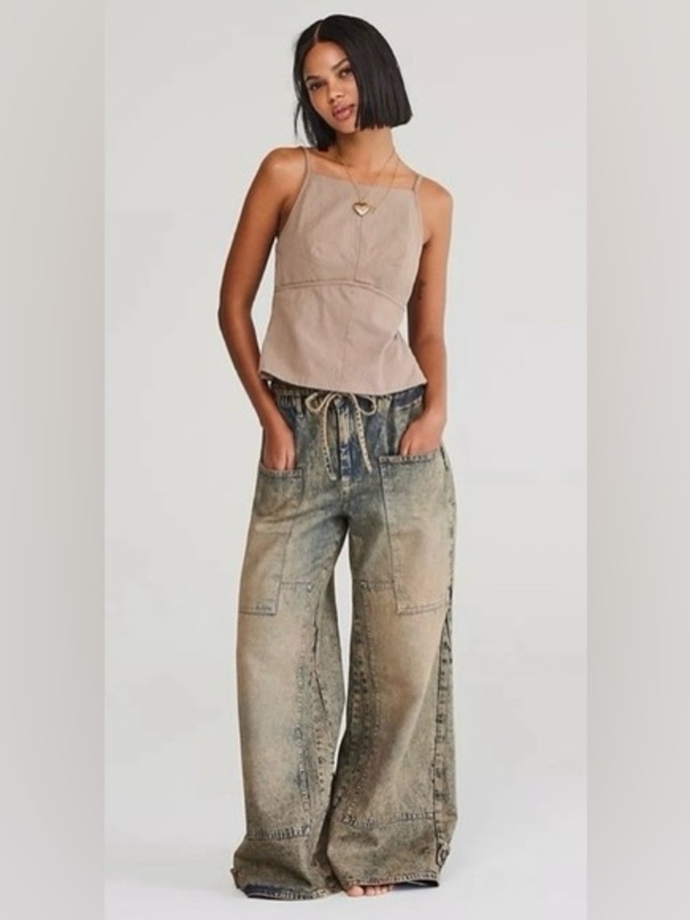 NEW We The Free People Crvy Outlaw Mid-Rise Wide Leg Jeans XL Tan Blue Boho Chic